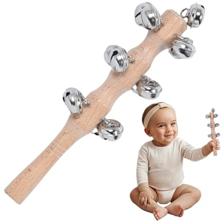 Wooden Jingle Hand Bells, Musical Instrument Percussion Shaker Rattle, Jingle Bells Stick with Wooden Handle for Dancing Concerts Stage Performance Birthday Party Music Class, Rhythm and Sound Toy