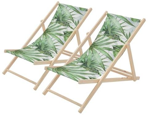 ECD Germany 2x Sedia a Sdraio Pieghevole in Legno con Tessuto Traspirante Palma Verde-Bianco, Schienale Reclinabile in 3 Posizioni, Lettino Relax con Portata 120 kg per Spiaggia, Giardino e Terrazza