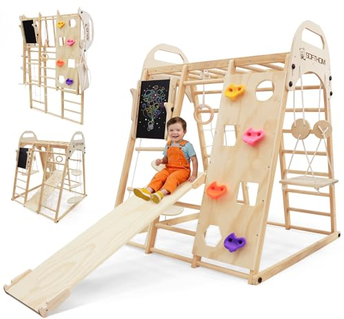 SOFTHOM Maxi Estructura de Escalada de interior, 12 en 1 Montessori Estructura de Escalada para Niños(Plegable), Multifuncional Set de Escalada de Madera, Pizarra/Balancearse/Monopatín/Red de Escalada