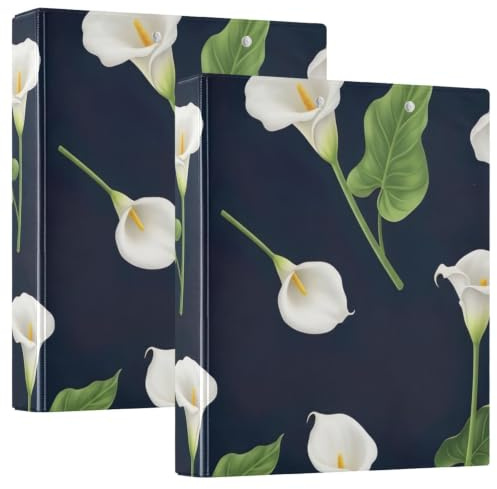 Vita Calla liljor gröna blad 3,5 cm 3 ringpärmar, flexibel D-ringpärm med fickor, 3 ringpärmar för skolan, högskolan, kontoret, en storlek ex2
