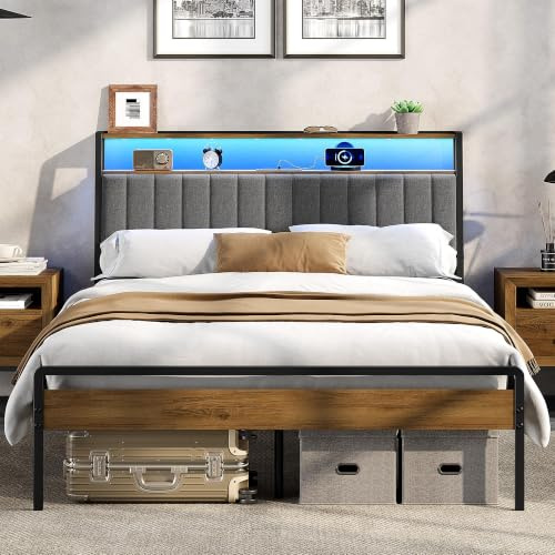 Yaheetech Double Bed Frame with Upholstered Storage Headboard, 135 x 190 Metal Wooden Bed with LED Lights and Charging Station, Industrial, Easy Assembly Double