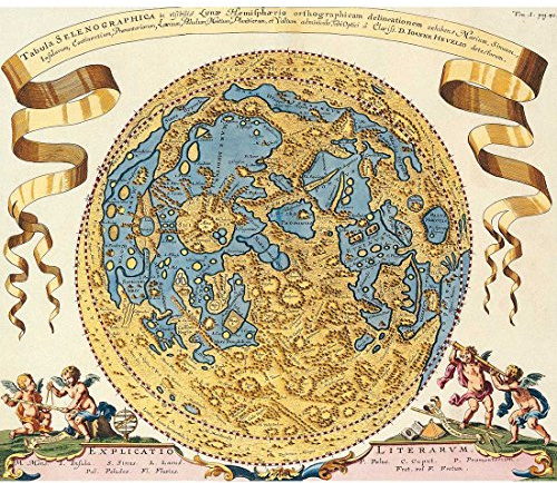 Meishe Art Poster Print - Póster de Mapa topográfico de la Luna Antigua, diseño Retro Vintage histórico de astronomía Atlas para la Oficina del hogar