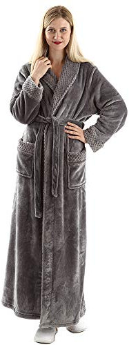 Dressing Gown Women Full Length Robe Plus Size Fleece Winter Warm Bathrobe, UK14-20(label XL), Grey