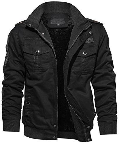 KEFITEVD Hombres Invierno Chaquetas de lana Chaqueta de Trabajo Cálido a Prueba de Viento Multi Bolsillos Abrigo,Negro,L