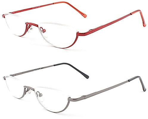 MMOWW 2 Pack Half Moon Reading Glasses for Men Women Slim Metal Half Frame Readers Semi Rimless Eyewear with Spring Hinge (Red+Gray, +2.5)