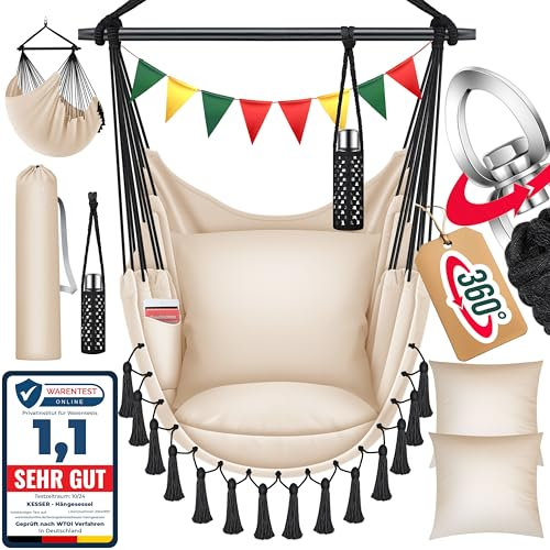 KESSER® Hängesessel Safari XXL Hängestuhl für Erwachsene & Kinder Hängematte bis 150 kg Hängesitz Aufhängung Indoor-Outdoor-Wohnen Inkl. Tragetasche, 2 Kissen, Getränkehalter & Bücherfach, Beige