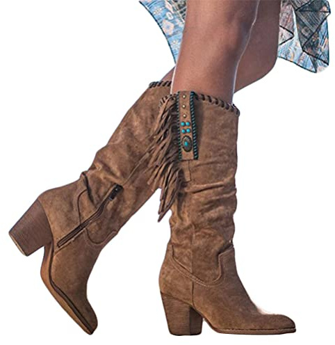 Onsoyours Botas hasta la Rodilla Holgadas para Mujer Punta Puntiaguda con Cremallera Lateral Botas de Tacón Medio GruesoBotas con Flecos Retro Botas Gruesas de Tacón Alto Marrón 37