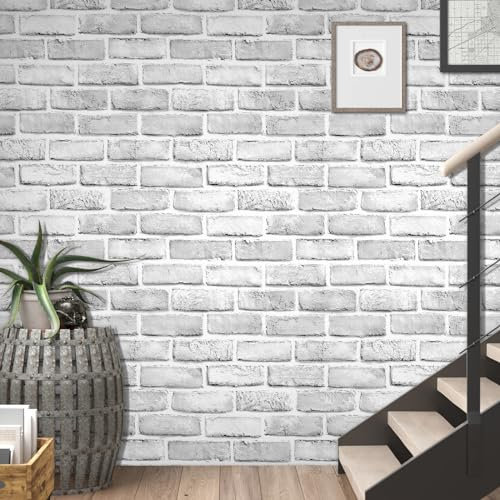 Shackcom Brick Wallpaper 44.5cm x 3m, Gray-White Contact Paper Roll Self-Adhesive Kitchen Backsplash Wall Protector