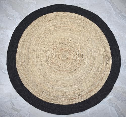THE PIKKU INTERNATIONAL - RUG jute, handvävd rund matta beige med svart färg kantmatta (250 cm x 250 cm)