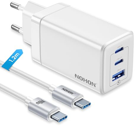 NOHON USB-C laddare snabbladdare: 65 W GaN mobiltelefon 3-port snabbladdare PD3.0 med 140 W typ C 1,2 m laddningskabel | PPS kompatibel med iPad Pro Air Galaxy S23 | för iPhone 15 14 13 12 Mini Pro