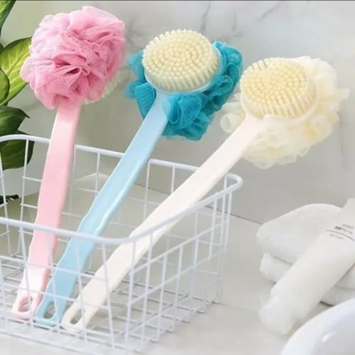 REFRESHKO 2 in 1 Shower Body Brush with Bristles and Loofah, Back Scrubber Bath Mesh Sponge with Curved Long Handle for Bath Shower, Suitable for Wet or Dry Brushing 3 Colour opition (Blue)