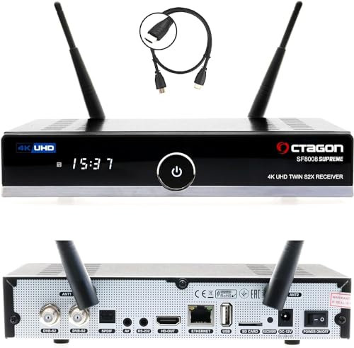 OCTAGON SF8008 UHD 4K Supreme Twin Sat Receiver + 500GB Festplatte INTERN, 2X DVB-S2X Tuner, E2 Linux & Define OS, mit Aufnahmefunktion, M.2 M Key, Gigabit LAN, Kartenleser, Sat to IP, WiFi WLAN