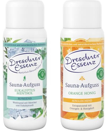 Dresdner Essenz Sauna-Aufguss Eukalyptus Menthol + Orange Honig | befreiende Sauna mit Menthol- & Eukalyptusöl + harmonisierend mit Orangen- und Honigduft sowie Minzöl | Set bestehend aus 2 x 250 ml