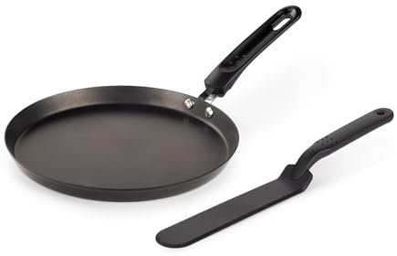 ROSMARINO Crepe Pfanne Nera 25cm - Premium Pfannkuchenpfanne mit Carbonstahl & Emaille-Design, Antihaftbeschichtung, inkl. Spatel, für Induktion & alle Herdarten, PFOA-frei