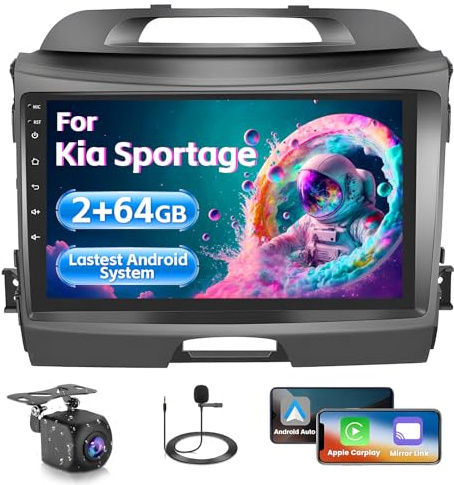 Inefala 9 Inch Android Autoradio för Kia Sportage 2010-2016 2 DIN skärm (2 + 64GB) med trådlöst CarPlay Android Auto FM RDS GPS Bluetooth WiFi rattstyrning Bakre kamera