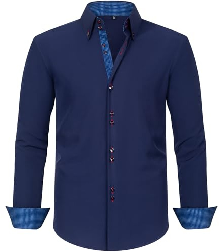 Misfuso Chemise Homme Manche Longues Chemise Habillée Chemise Casual Slim Regular Fit Bleu Foncé 3XL