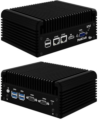PeeliCeeli Mini PC Fanless Industrial Core i5 5200U, Micro Desktop Computer, 2 COM, Win 11 Pro, 4K HD VGA Dual Display, 2RJ45 Ethernet, WiFi5 + BT4.2, Barebone No RAM No SDD No OS