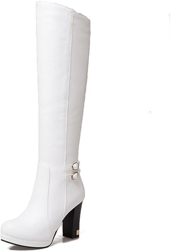 Asterisco Stivali Alti Al Ginocchio da Donna con Tacco Largo con Plateau Tacco Alto Stivali Punta Rotonda Zip Stivali da Vestito, Q180034Es Bianco Numero 37 EU/38Cn