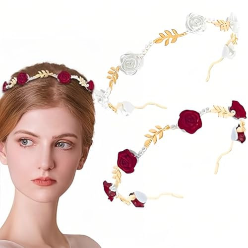 2 PCS Serre Tete Femme, Serre-tête en perles rose rouge et rose blanche, Bandeau Grecque Romain Coiffe Cheveux Couronne Femme Accessoires, Bridal Coiffe de Mariage Feuille Serre-tête Couronne