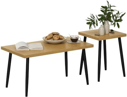 HOMCOM Couchtisch 2er Set Beistelltisch mit Stahlrahmen, Wohnzimmertisch Kaffeetisch für Wohnzimmer Natur