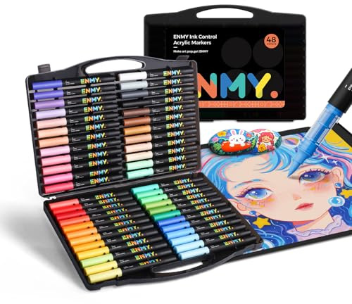 ENMY 48 Colours Acrylic Markers Brush Tip – Direct Liquid Acrylic Paint Pens for Anime Drawing, Illustration, Fabric, Rock, Wood, Glass, Paper, Craft Supplies for Artists