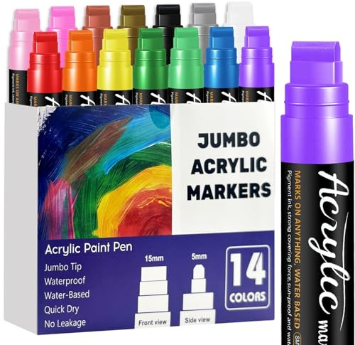 HYHJMISTY 14 Jumbo Acrylic Markers, 15mm chisel tip permanent marker pens, graffiti pens for Rock Painting, Fabric, Glass, Wood, Stone, Ceramic & DIY Crafts