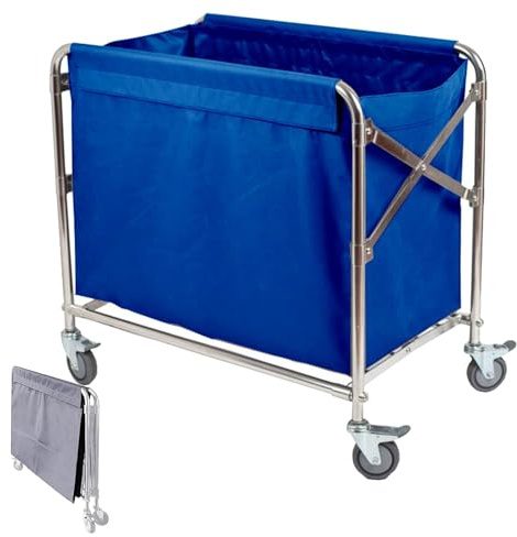 Carro Clasificador de Ropa Plegable, Carrito de Lavandería Comercial para Hotel con Estructura de Acero Inoxidable y Bolsas Extraíbles, 280 L/350 L, Capacidad de Carga 200 Kg/440 Lb(Blue,52x86x83cm)