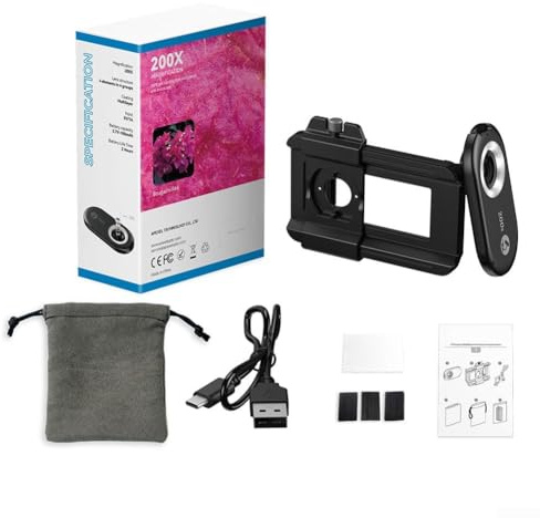 Volakebeing Lente de microscopio de 3 pulgadas para smartphone, kit de lente de cámara macro con luz LED, aumento de 100X/150X/200X, microscopio portátil para primer plano (150x)