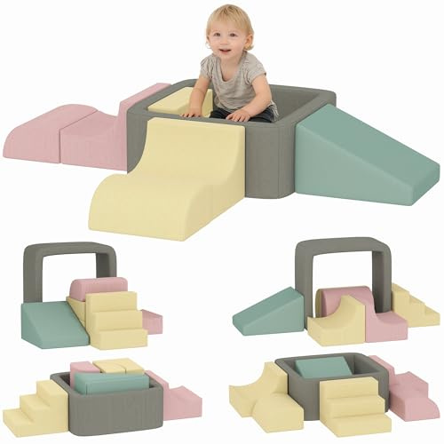 AIYAPLAY Juego de 7 Bloques de Espuma para Niños, Bloques de Psicomotricidad con Fundas de Pana Desmontables, Set de Escalada para Gatear y Escalar en Interior, Multicolor