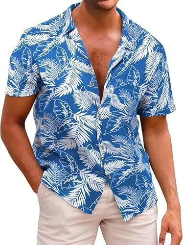 Runcati Mens Hawaiian Shirt Short Sleeve Summer Flower Shirt Regular Fit Beach Holiday Shirts Casual Button Down Tops Blue XL