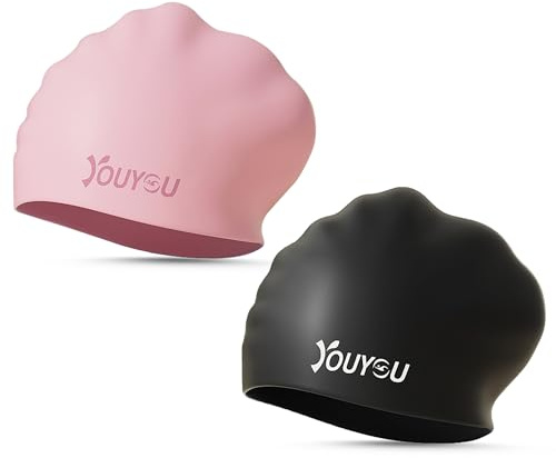 Confezione da 2 tappi da bagno in silicone per capelli lunghi, grandi cappelli da bagno impermeabili per donne, uomini e adulti con capelli spessi o ricci, comodi cappelli da bagno 3D (nero e rosa)