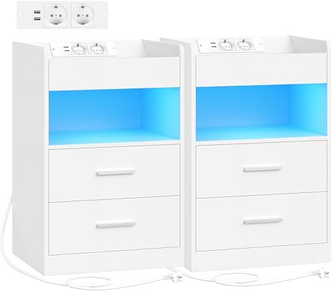 Hzuaneri Comodino Set di 2, Comodini Camera da Letto con Luce LED e Stazione di Ricarica, 2 Cassetti, Tavolino con vassoio, 35 x 40 x 60 cm, Soggiorno, Bianco NS33603XEU