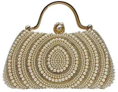 CYBHSM - Bolso de noche de perlas y diamantes de imitación con asa superior de metal, bolso de mano de cristal brillante para mujer, bolso de hombro para fiesta, boda, color blanco roto y dorado, Gold