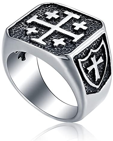 ENHONG Jerusalem Cross Rings for Men,Mens Stainless Steel Christian Signet Ring,Vintage Silver Catholic Templar Ring in Size 13