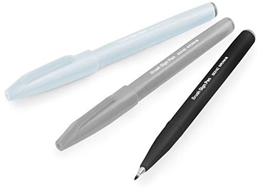Pentel Brush Sign Pen SES15C - Brush Nib - Fibre Tip - Monochrome Set of 3