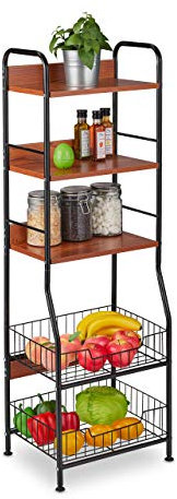 Relaxdays Estantería Cocina Industrial con 5 Baldas y 2 Cestos, Mueble Metal, MDF, 121,5x40x30cm, Negro