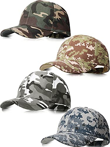 Geyoga 4 Pieces Men Camouflage Baseball Cap Army Military Camo Adjustable Hat Camouflage Outdoor Sports Plain Cap Camo Tactical Hat Hunting Fishing Hats for Men Women