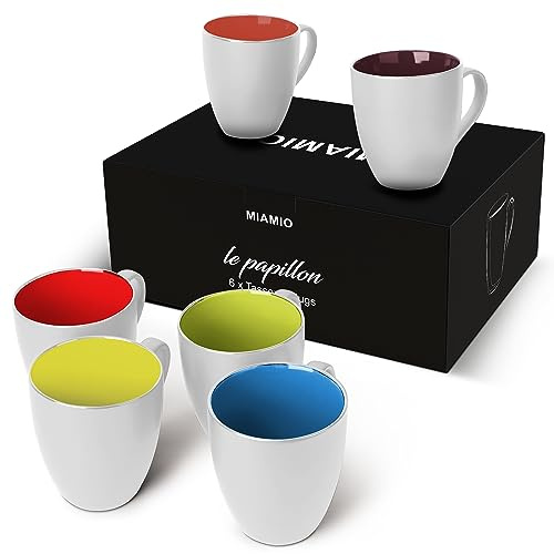 MIAMIO - Koffiekopjes, 6 stuks (350 ml) - Le Papillon (Wit-kleurrijk) | Grote keramische koffiekopjes, set voor koffie, cappuccino en thee, steengoed, 6-delige koffiekopjesset - vaatwasserbestendig