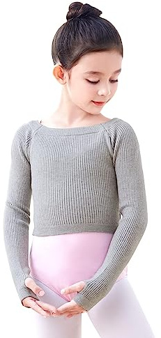 Daydance Knit Boat Neck Girls Ballet Sweater Cropped Pullover Dance Shrug for Leotards, Long Sleeve Gray