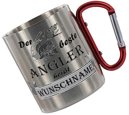 Crealuxe Edelstahltasse mit Karabiner - Der Beste Angler heißt Wunschname - 330ml Tasse personalisiert mit Gravur, Kaffeetasse, Bürotasse, Metalltasse mit Name, Angelzubehör