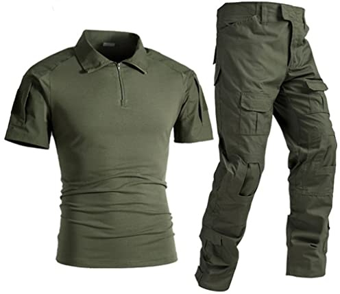 Uugood Chemise été Homme, Militaire Chemise Manche Courte Slim Combinaisons Tactiques Combat Shirt and Trousers Rip-Stop Chemise et Pantalon pour la Airsoft Chasse Paintball, Verte, M