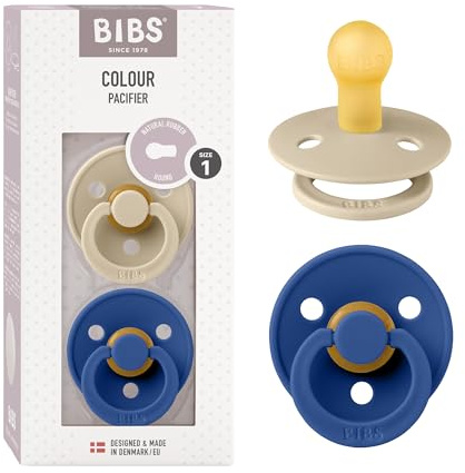 BIBS Colour Soother 2-Pack, BPA Free Dummy Pacifier, Round Nipple. Natural Rubber Latex, Made in Denmark. 0-6 Months (Pack of 2), Vanilla/Cornflower