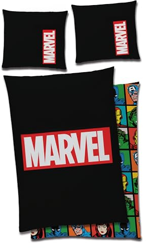 Marvel Logo Bed Linen 135 x 200 cm + 80 x 80 cm 100% Cotton Linon/Renforcé Bedding Duvet Cover MCU Comics Iron Man Hulk Thor Captain America Spider Man Black Zip