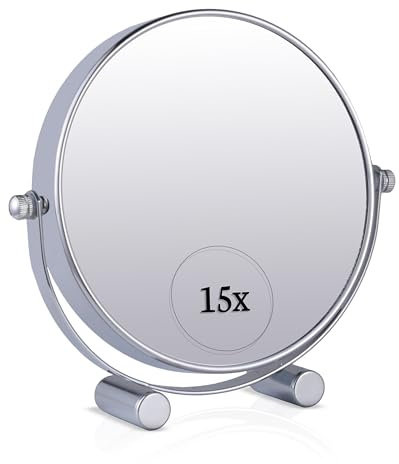 Mirrorvana 15X Vergrößerung Kosmetikspiegel mit Ständer - Doppelseitiger Schminkspiegel, 15-Fach und 1-Fach Vergrößerungsspiegel fürs Bad, 17cm x 15cm (Chrom)