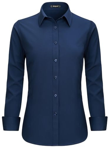 Stamain Women Long Sleeve Dress Shirt Formal Work Wear Shirts Stretch Navy Blue Button Up Shirt for Women with Single Cuff M