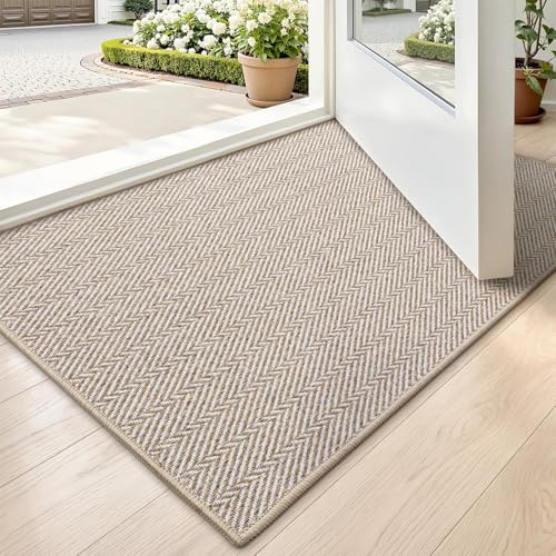 LUMI Ultra Thin Indoor Door Mat for Entrance 17x30, Non Slip Entryway Mat, Low Profile Doormat, Unique Herringbone Design Carpet for Inside, Patio, Porch, Beige