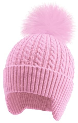 BAOPLAYKIDS Toddler Winter Hat Warm Knit Kids Hat with Earflap Pom Pom Beanie Knit Cap Girls Boys Pink Ages 3-8 Years