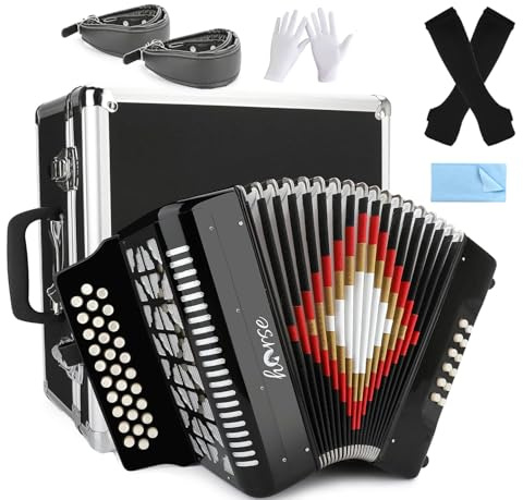 Horse 31 Key Accordion,12 Bass 3-Row G/C/F Diatonic Accordions Instruments for Adults with Thicked Suitcase and Straps, 31 Keys Button Acordeón Acordeones Para Adultos For Beginners to Professionals