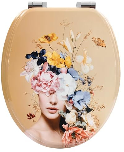 WOLTU Toilettendeckel mit Absenkautomatik, WC Sitz Quick-Release, Klodeckel O Form, Klobrille mit verstellbaren Scharnieren, Toilettenbrille Montage von oben, mit Blumen-Motiv, aus MDF