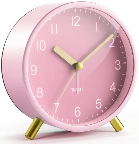 Jisile rosa analog väckarklocka för flickor, tyst icke-tickande roséguld skrivbordsklocka med nattlampa, söt metall sovrumsklocka för kvinnor, tonårstjejer rum dekor (rosa)